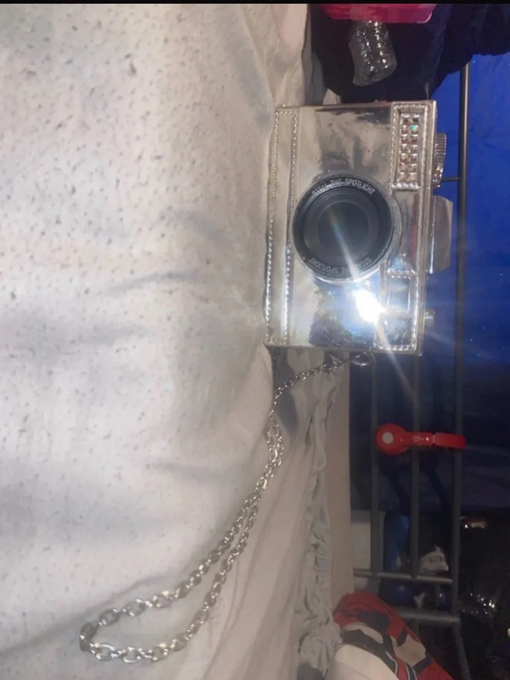 Kellytoy Silver Camera-Shaped Crossbody Bag with Chain Strap